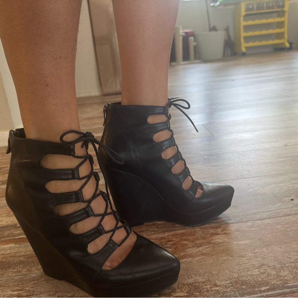 Black Lace-Up Wedge Ankle Boots